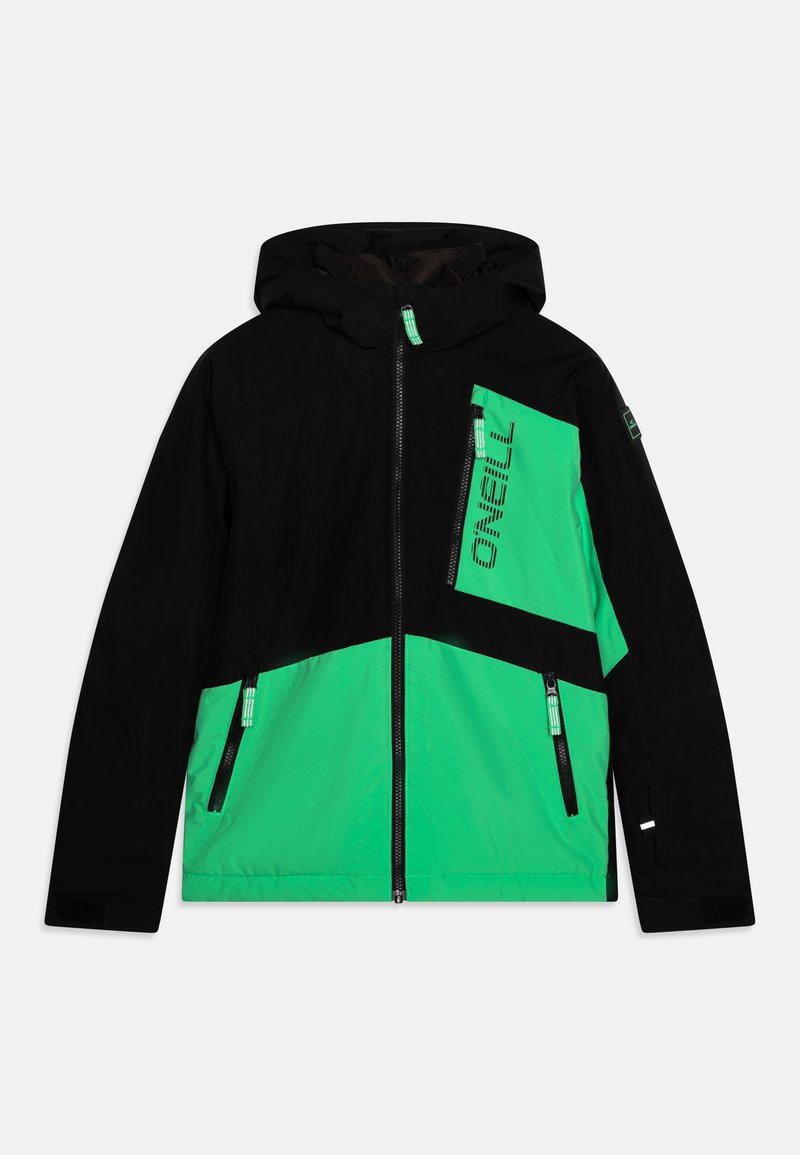 Veste noire et verte avec capuche, présentant un design diagonal, des poches zippées et "ONEILL" imprimé sur le devant. Texture lisse.