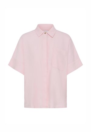 Hellrosa kurzärmeliges Hemd mit Knopfleiste, Kragen und einer Brusttasche, ausgestattet mit einer verdeckten Knopfleiste und einem oben sichtbaren Knopf.