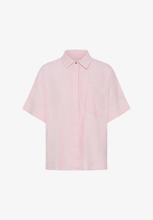 Hele-roosa lühikeste varrukatega nööbitav särk, millel on krae ja üks rindtasku, peidetud nööbiliist ning ülemine nähtav nööp.