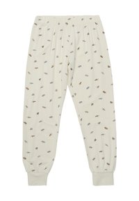 Lichte, crèmekleurige pyjamabroek met elastische tailleband. Heeft kleine, kleurrijke bladmotieven verspreid over de stof. Aansluitende boorden bij de enkels.