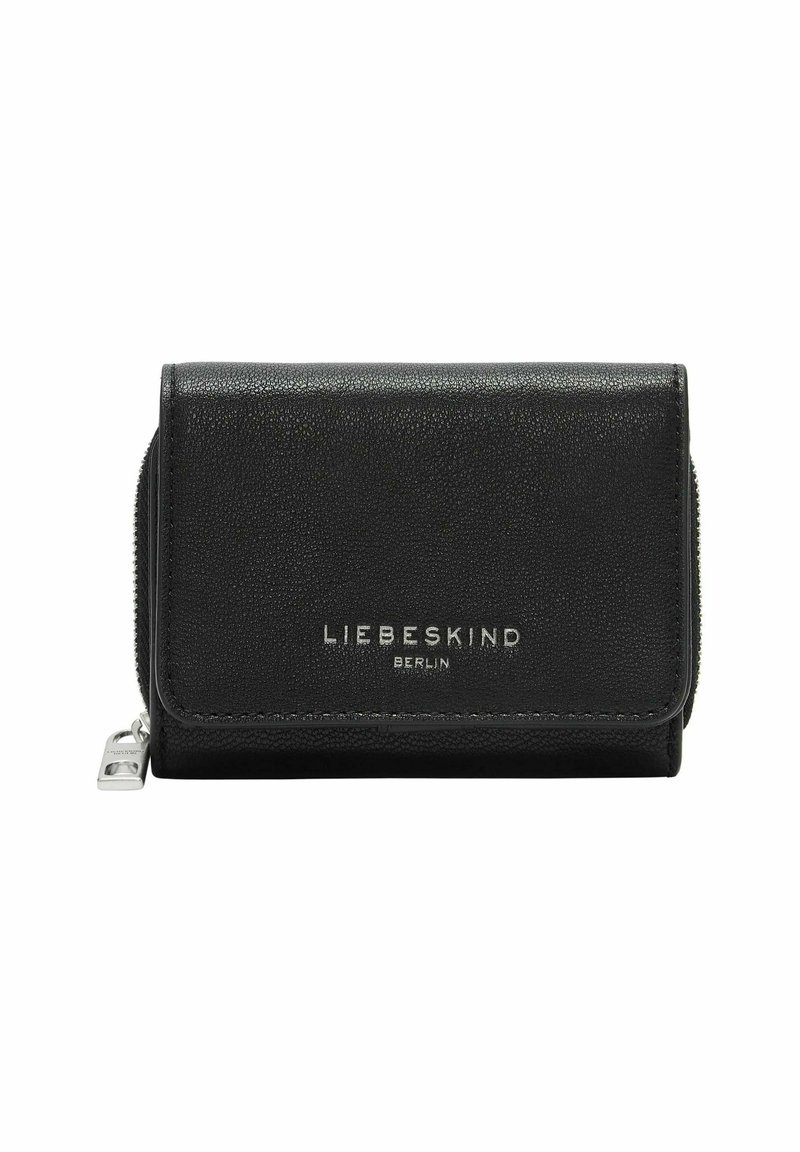 Czarny portfel ze skóry o teksturowanej powierzchni, z srebrnym zamkiem błyskawicznym i logo "Liebeskind Berlin" na przedniej klapce.