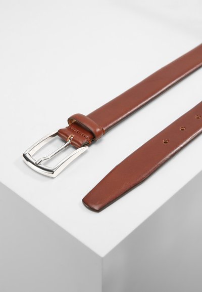 Brown leather belt featuring a silver rectangular buckle and stitching detail, with multiple adjustment holes on the strap.