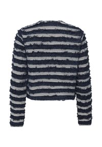 Tummansininen ja harmaa raidoitettu pitkähihaisen neuleen selkäpuoli, jossa on tekstuuriset, risaiset vaakaraitat, esitetty valkoisella taustalla.
