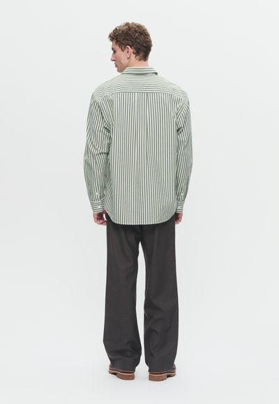 Man standing facing away wearing a green and white striped long-sleeve shirt, black pants, and brown shoes on a white background.