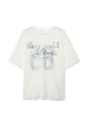 Weißes Kurzarm-T-Shirt aus Spitze mit dem auf der Vorderseite im Used-Look aufgedruckten Schriftzug "85 LA Los Angeles 60".