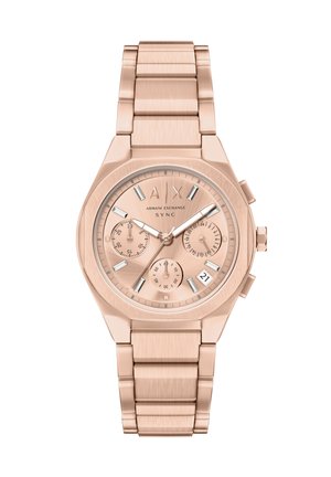Roségoldene Armani Exchange Armbanduhr mit Chronographenanzeigen, Datumsanzeige und verbundenem Metallarmband.