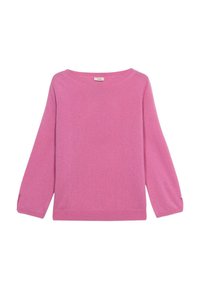 Suéter de punto rosa con un escote amplio y mangas de tres cuartos. Presenta una textura sutil, puños ajustados y etiqueta de la marca en el cuello.