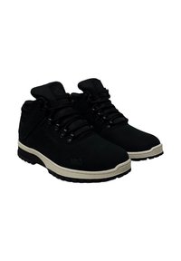 Black high-top shoes with a textured upper material, featuring round laces, metal eyelets, and a contrasting white sole.