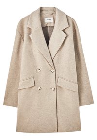 Manteau en laine beige à double boutonnage avec larges revers, deux poches à rabat à l'avant et quatre boutons assortis, longueur mi-longue.