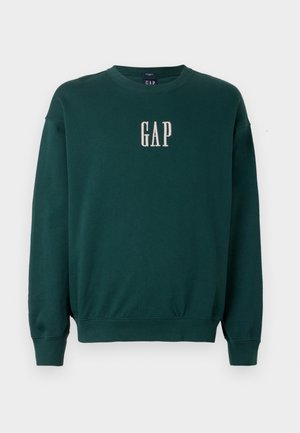 Zaļa garām piedurknēm sporta krekls ar ribotiem aprocēm un jostu, pie krūškurvja ar baltu izšūtu "GAP" logotipu. Mīksta auduma tekstūra.