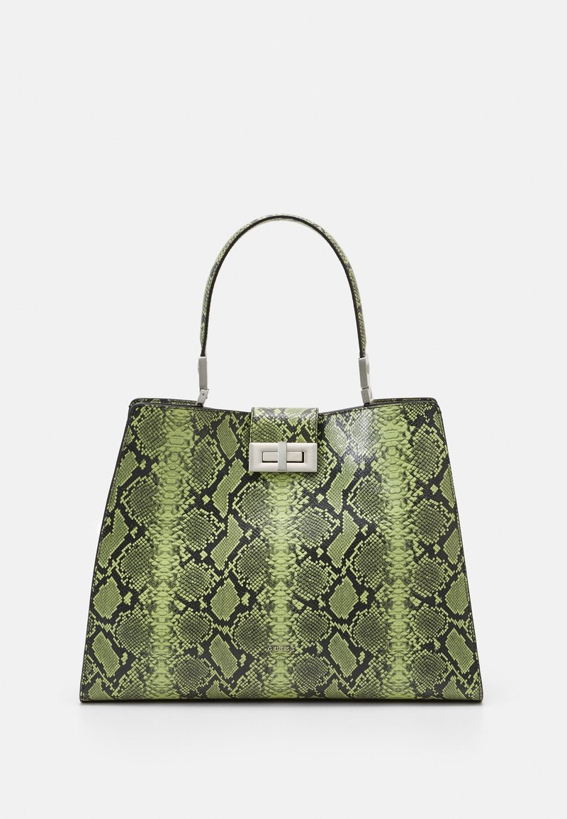 Sac à main à motif peau de serpent vert et noir avec une anse unique et un fermoir rectangulaire argenté sur le devant.