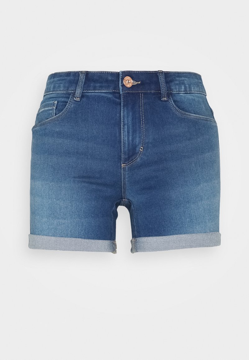 Jeansshorts i mörkblått, med uppvikt fåll, fem fickor och en knappknäppning med en liten logodetalj. Slät textur.