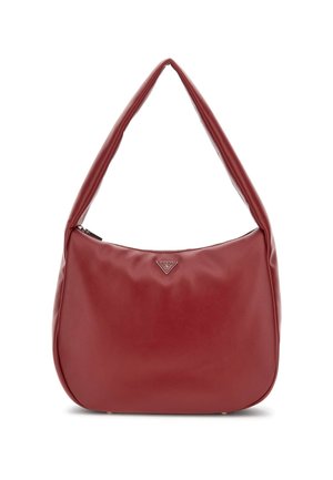 Borsa hobo in pelle rossa con una superficie liscia, un'unica tracolla curva e un accento in metallo con il logo sulla parte anteriore. Presenta una chiusura con zip.