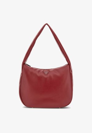 Rote Leder-Hobo-Tasche mit glatter Textur, einem einzelnen geschwungenen Tragegurt und einem metallenen Logoakzent auf der Vorderseite. Mit einem Reißverschlussverschluss.