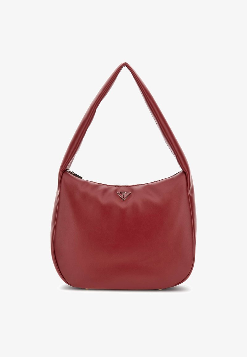 Punane nahast hobo kott sujuva tekstuuriga, ühe kaarjaga rihmaga ja metallise logo aktsendiga ees. Omab lukuga sulgemist.