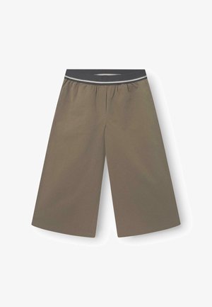 Khaki široké kalhoty s elastickým pasem a kontrastním šedým lemem. Vyrobeny z hladkého materiálu, mají volný střih a bez kapes.