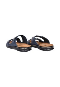 Infradito blu navy con retro e lati aperti, con tomaia in pelle, soletta in sughero, suola in gomma nera e dettagli di cucitura a contrasto.