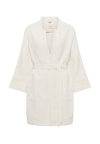 White robe with a textured, quilted pattern. Features a deep V-neck, wide sleeves, a waist tie, and front pockets.