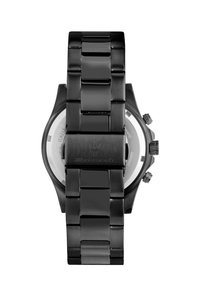 Schwarze Metalluhr mit einem schlanken Design, ausgestattet mit einem polierten Gliederarmband, runder Gehäuseform und Krone. Zeigt das Logo auf der Schließe und dem Glasboden.