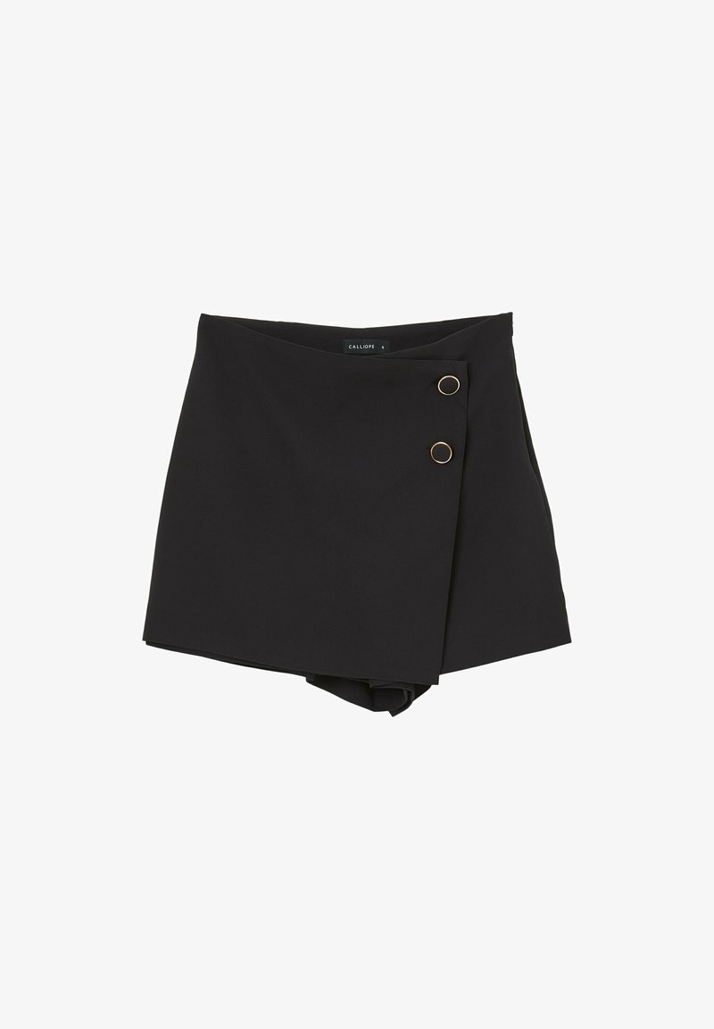 Mini-jupe asymétrique noire avec deux boutons dorés sur le devant et un design plié superposé.