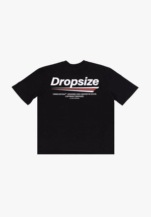 Sort bomulds t-shirt med rund halsudskæring, korte ærmer og fed hvid tekst på ryggen med teksten "Dropsize" samt en accentlinje og yderligere tekst.