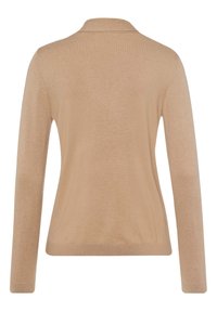 Pull beige à manches longues avec un col, des poignets et un ourlet côtelés, présenté de dos sur un fond blanc.