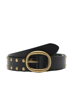 Zwarte leren riem met gelijkmatig verdeelde antiek gouden ronde studs en een afgeronde rechthoekige gesp van antiek goud.