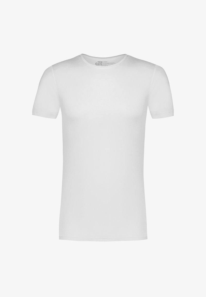 T-shirt en coton blanc à manches courtes avec un col rond et une texture lisse. Présente une étiquette à l'intérieur du col pour les tailles et les instructions d'entretien.