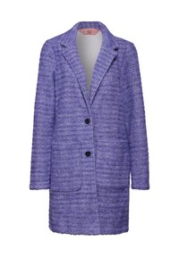 Fialový kabát s houndstooth vzorem, s klopovým límcem, zapínáním na jeden knoflík a dvěma předními kapsami. Měkká textura s přizpůsobeným střihem.