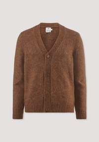 Brauner Strickcardigan mit V-Ausschnitt, Knopfverschluss, gerippten Bündchen und Saum. Hergestellt aus robustem, strukturiertem Stoff mit einem warmen, klobigen Aussehen.