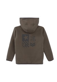 Olivgrüner Kapuzenpullover mit einer Kängurutasche; verfügt über dunkelblaue bedruckte Grafiken, darunter einen Stern und Streifen, auf der Rückseite.