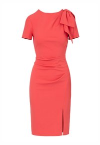 Koralowa sukienka z okrągłym dekoltem, krótkimi rękawami i kokardą na lewym ramieniu. Posiada dopasowaną sylwetkę i boczne rozcięcie.
