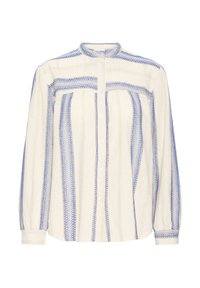 Blouse crème avec des rayures verticales bleues et beiges, dotée d'une patte de boutonnage à l'avant, d'un col rond et de manches longues bouffantes avec des poignets froncés.