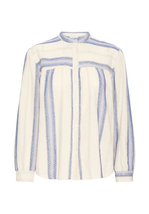 Blouse crème avec des rayures verticales bleues et beiges, dotée d'une patte de boutonnage à l'avant, d'un col rond et de manches longues bouffantes avec des poignets froncés.