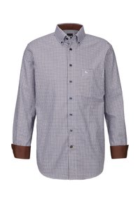 Camicia a maniche lunghe con una piccola fantasia a quadri blu navy e bianca. Presenta un colletto button-down e polsini marroni. Include una tasca sul petto.