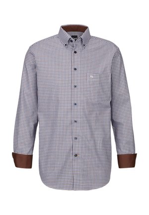 Langärmliges Hemd in einem kleinen marineblauen und weißen Karomuster. Verfügt über einen Button-Down-Kragen und braune Manschetten. Enthält eine Brusttasche.