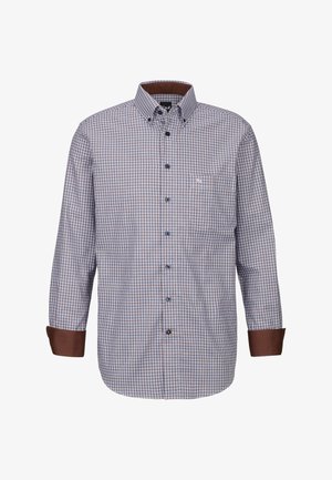 Camicia a maniche lunghe con una piccola fantasia a quadri blu navy e bianca. Presenta un colletto button-down e polsini marroni. Include una tasca sul petto.