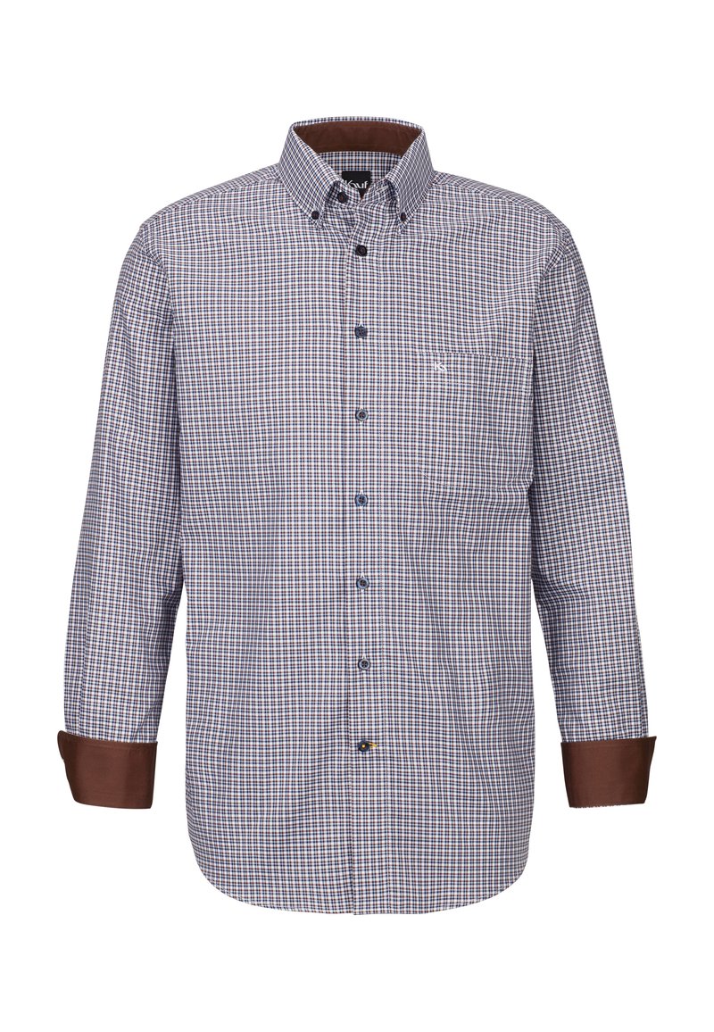 Camicia a maniche lunghe con una piccola fantasia a quadri blu navy e bianca. Presenta un colletto button-down e polsini marroni. Include una tasca sul petto.