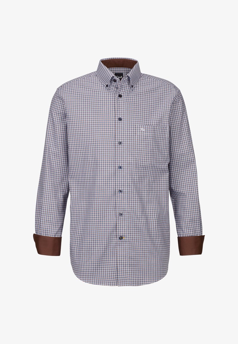 Camicia a maniche lunghe con una piccola fantasia a quadri blu navy e bianca. Presenta un colletto button-down e polsini marroni. Include una tasca sul petto.