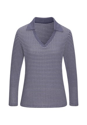 Donkergrijze polo met lange mouwen en een V-hals; heeft een gestructureerd patroon en een contrasterende kraag in een lichtere tint.