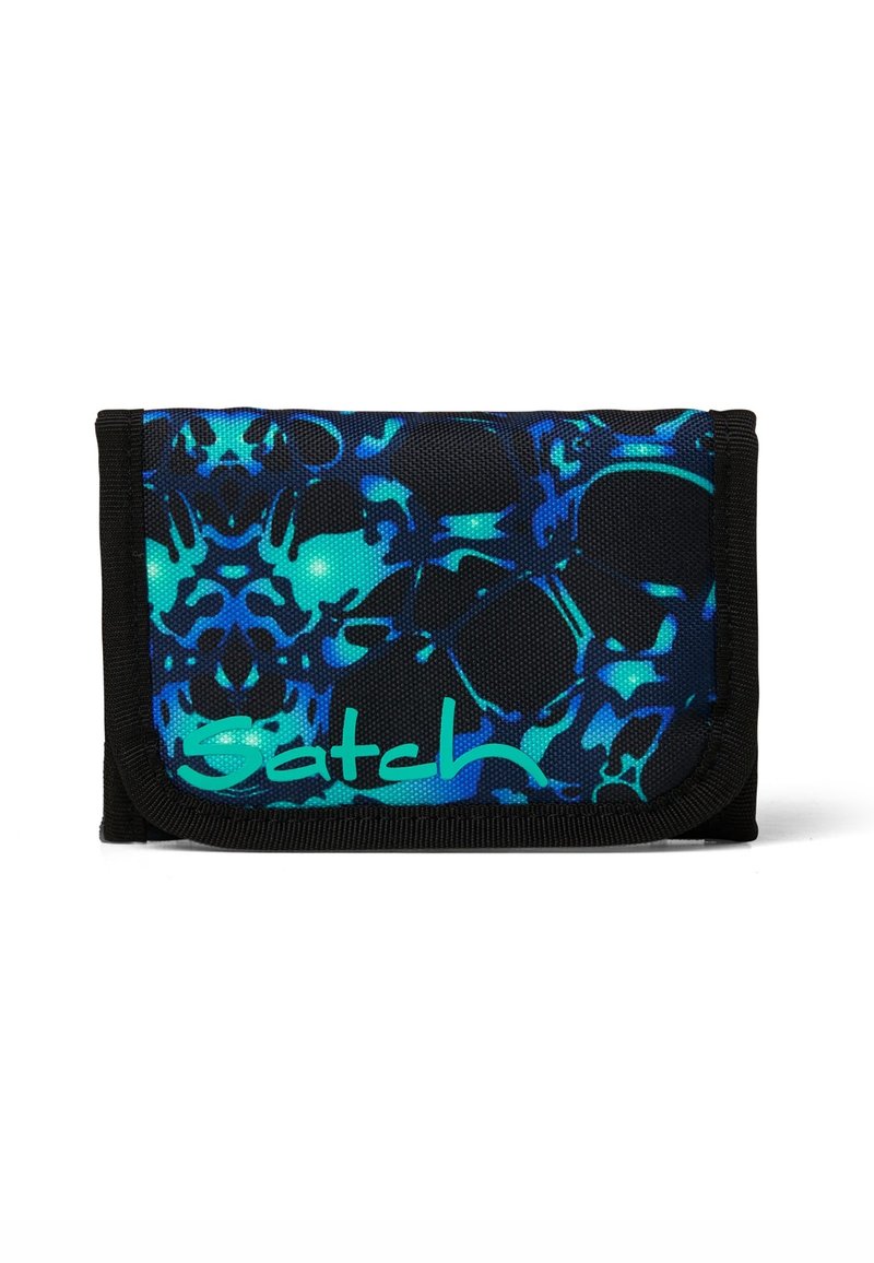 Black fabric wallet featuring a blue and turquoise abstract design with a smooth texture and a prominent "Satch" logo in turquoise.