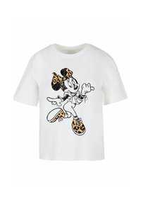 White cotton t-shirt featuring a black and orange leopard print design of a character with a bow, short sleeves, and a crew neck.