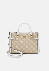 Beige structured handbag with white accents, gold hardware, and logo pattern. Features two handles and a removable shoulder strap.