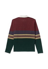 Polo de manga larga en burdeos, verde y crema; presenta rayas horizontales en azul, amarillo y marrón; cuello estructurado.