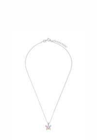 Collana in argento con pendente a forma di farfalla, decorato con cristalli rosa, blu e gialli, catena delicata con lunghezza regolabile.