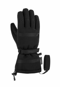 Schwarzer Winterhandschuh aus strapazierfähigem Stoff, mit strukturiertem Griff, verstellbarem Handgelenkriemen und elastischen Bündchen für Wärme und Schutz vor Schnee.