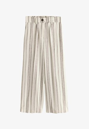 Pantaloni albi largi cu dungi verticale bej și gri, închidere cu nasturi și buzunare pentru curea.