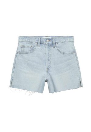 Shorts in denim azzurro chiaro con vita alta, orlo sfrangiato e aperture laterali. Presentano tasche frontali e chiusura con bottone metallico.