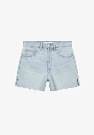 Svijetloplave traper kratke hlače s visokim strukom, isfarenim rubom i bočnim prorezima. Imaju prednje džepove i zatvaranje s metalnim gumbom.