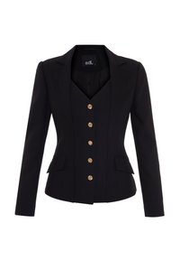 Black fitted blazer with long sleeves, V-neck, five gold buttons down the front, and two flap pockets at the waist.